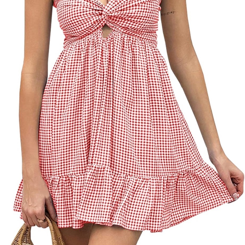 Amazon Red and White Ruffled Tie Front Mini Sundress